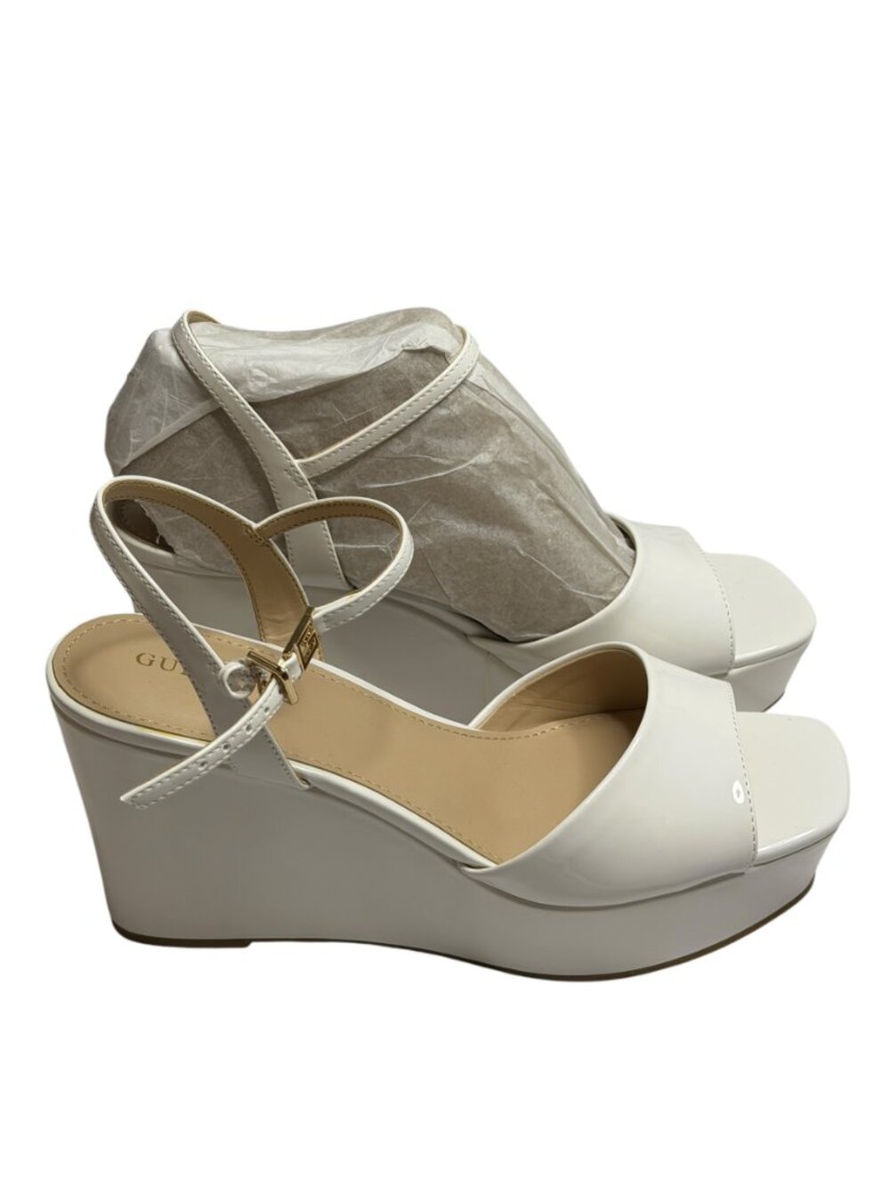 Guess Zione Sandals Shoes Faux Patent Leather Platform Wedge White 10 NIB - Picture 3 of 14